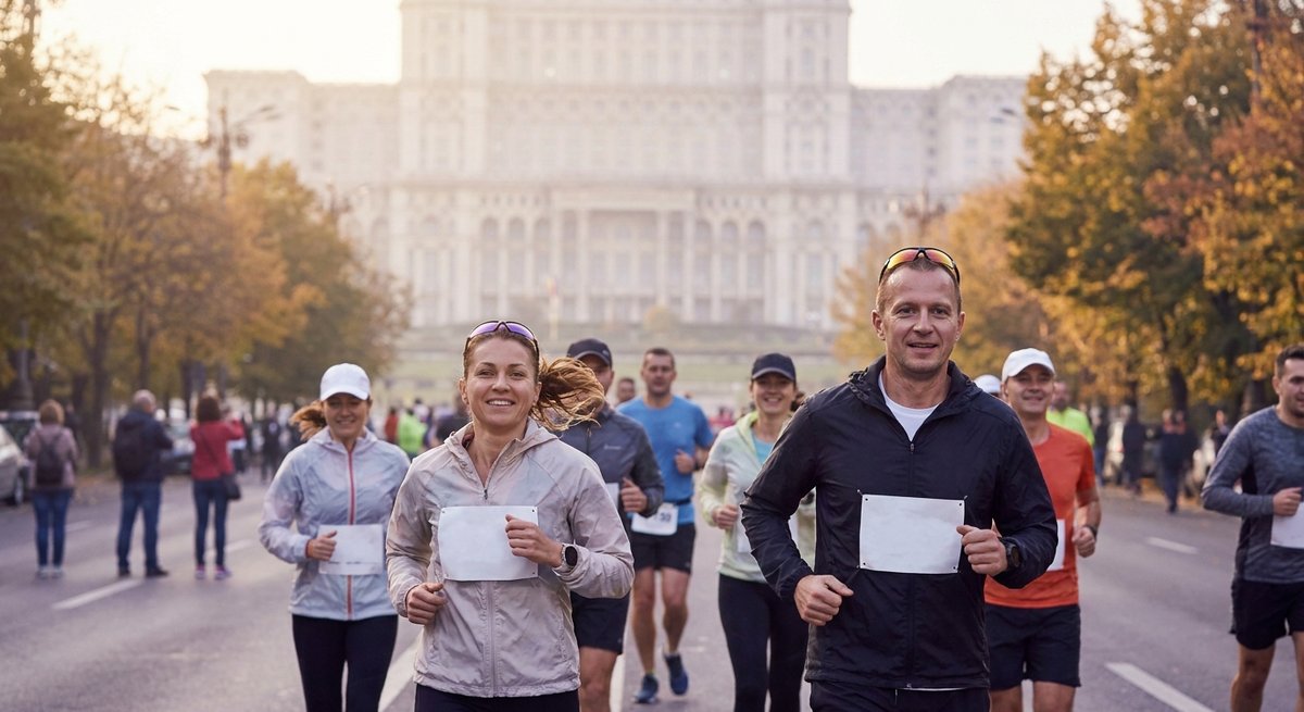Alergători amatori pe bulevard la maratonul din București, cu Palatul Parlamentului în fundal, într-o dimineață de toamnă