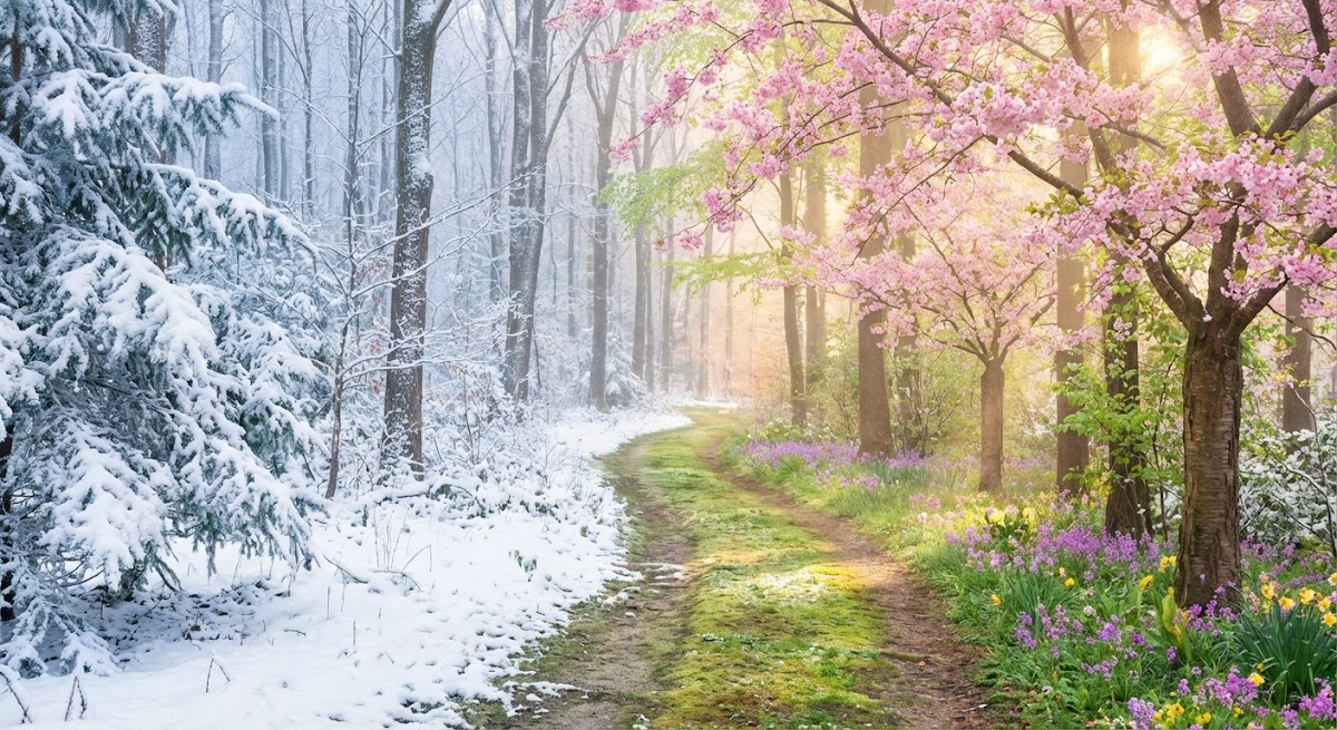 Peisaj natural cu tranziție de la iarnă la primăvară